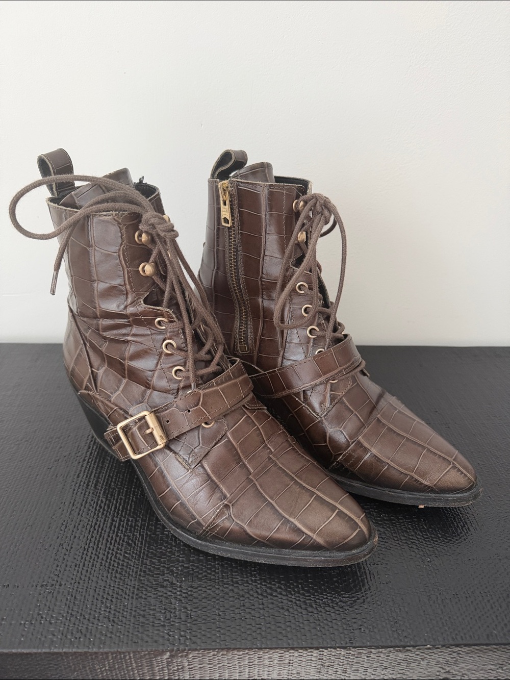 All Saints Brown Croc-Embossed Lace-Up Ankle Booties